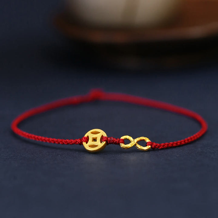 Buddha Stones 999 Gold Mobius Infinite Love Fu Character Copper Coin Protection Handmade Ultra-Thin Rope Bracelet - Mobius Copper Coin - 23cm - image 15