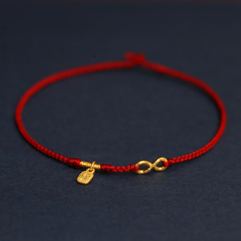 Buddha Stones 999 Gold Mobius Infinite Love Fu Character Copper Coin Protection Handmade Ultra-Thin Rope Bracelet - Mobius Fu Character - 23cm - image 12
