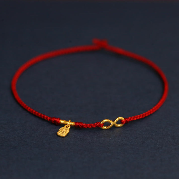 Buddha Stones 999 Gold Mobius Infinite Love Fu Character Copper Coin Protection Handmade Ultra-Thin Rope Bracelet - Mobius Fu Character - 23cm - image 12
