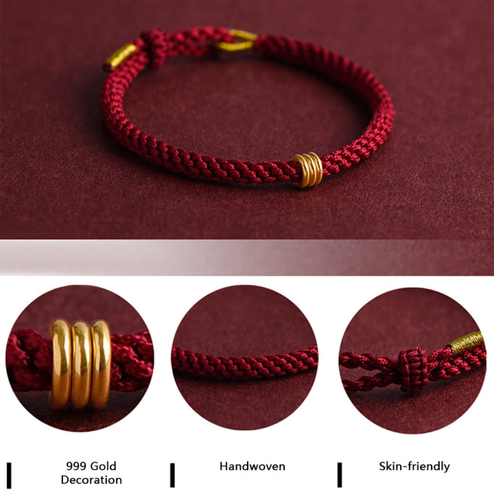 Buddha Stones 999 Gold Triple Ring Design Handmade Connection Braided Rope Bracelet - image 7