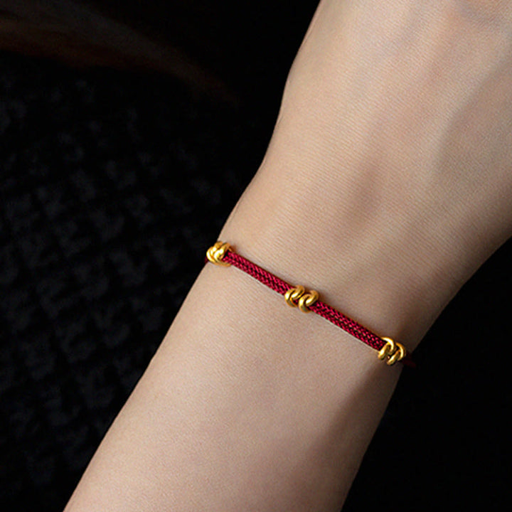 Buddha Stones 999 Gold Wish Knot Design Handmade Luck Braided Rope Bracelet - Six Beads(Gold About 0.6g) - 21cm - image 11
