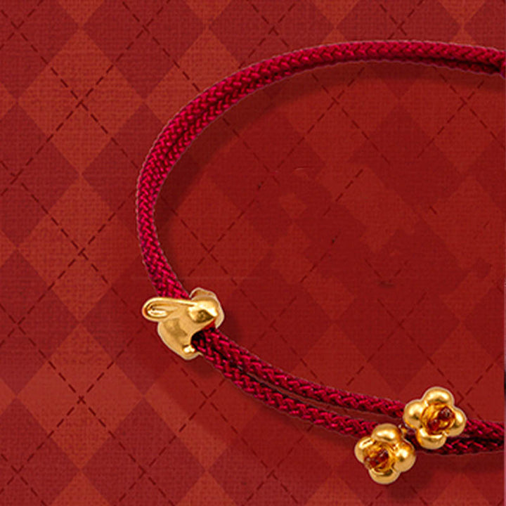 Buddha Stones 999 Gold Small Lucky Rabbit Osmanthus Design Handmade Luck Braided Rope Bracelet - Gold Osmanthus Rabbit(Gold About 0.46g) - 21cm - image 9