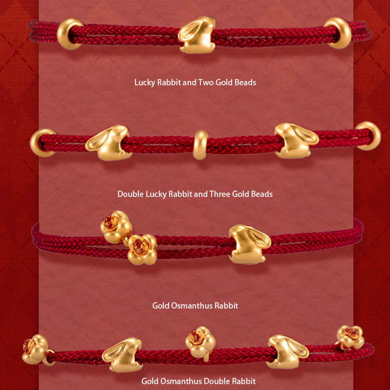 Buddha Stones 999 Gold Small Lucky Rabbit Osmanthus Design Handmade Luck Braided Rope Bracelet - image 1