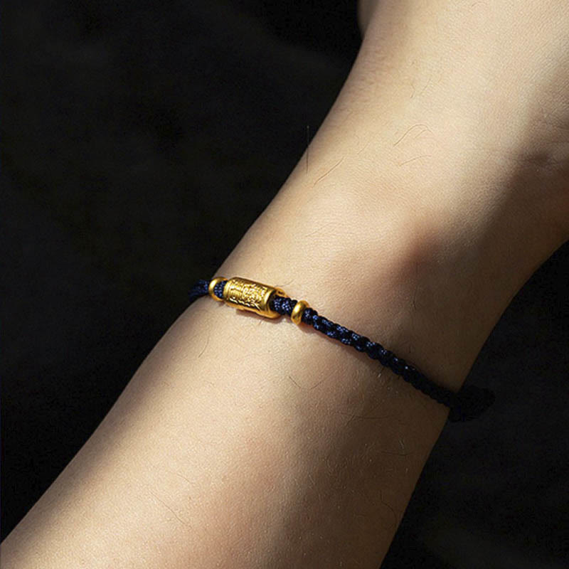 Buddha Stones 999 Gold Good Luck Amulet Carved Design Handmade Strength Braided Rope Bracelet - Navy Blue(Gold About 0.68g) - 21cm - image 8