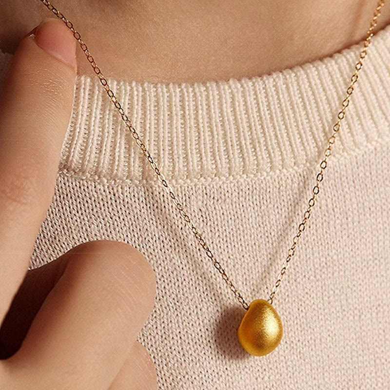 Buddha Stones 999 Gold Egg Water Drop Pattern Blessing Necklace Pendant - Gold Egg(About 0.45-0.5g)+18K Gold Chain(About 0.8g)-45cm - image 0