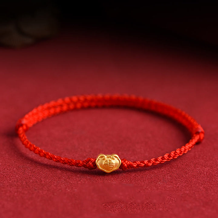 Buddha Stones 999 Gold Chinese Lock Charm Fu Character Protection Handmade Rope Bracelet - Red - Baby Version Fit For 0-4 Years Old(Wrist Circumference 12-18cm) - image 0