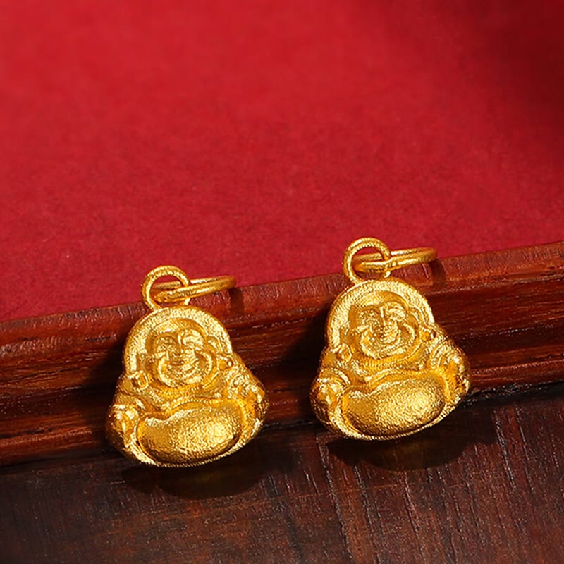 Buddha Stones 999 Gold Mini Laughing Buddha Luck Wealth Necklace Pendant - image 0