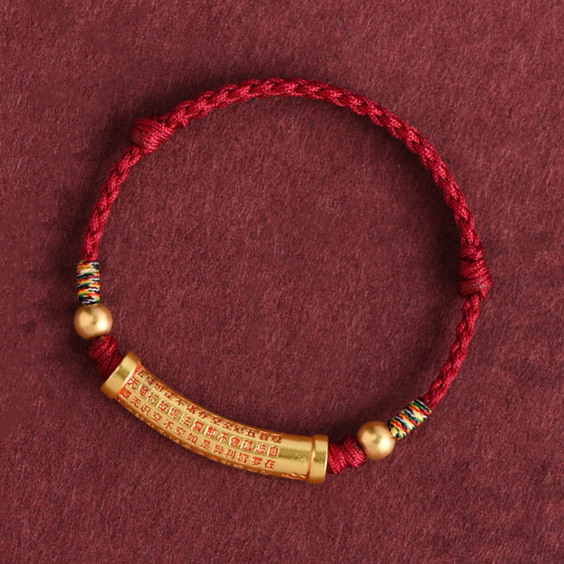 Buddha Stones Handmade Alloy Heart Sutra Protection Strength Rope Bracelet Anklet - Anklet(Circumference 18-30cm) - Dark Red - image 0