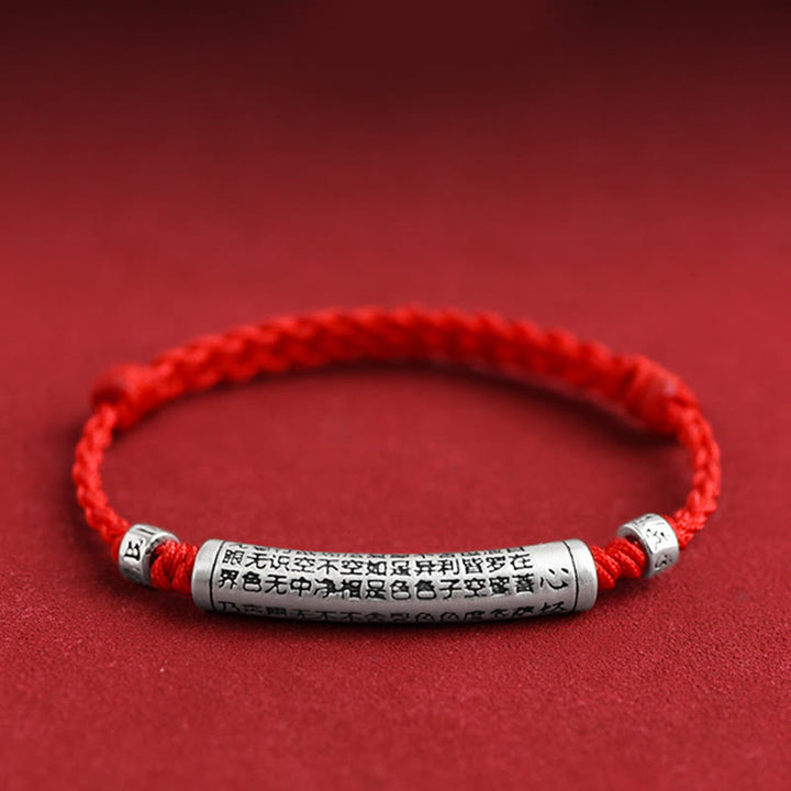 Buddha Stones Handmade 999 Sterling Silver Om Mani Padme Hum Heart Sutra Carved Luck Rope Bracelet Anklet - Anklet(Circumference 18-30cm) - Red - image 16