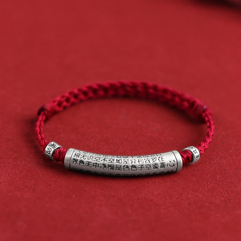 Buddha Stones Handmade 999 Sterling Silver Om Mani Padme Hum Heart Sutra Carved Luck Rope Bracelet Anklet - Anklet(Circumference 18-30cm) - Dark Red - image 0