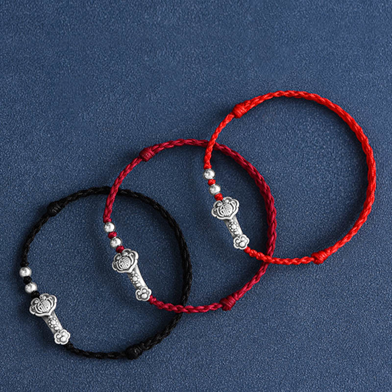 Buddha Stones Handmade 999 Sterling Silver Fu Character Wish Ruyi Handle Fortune Rope Bracelet Anklet - image 1