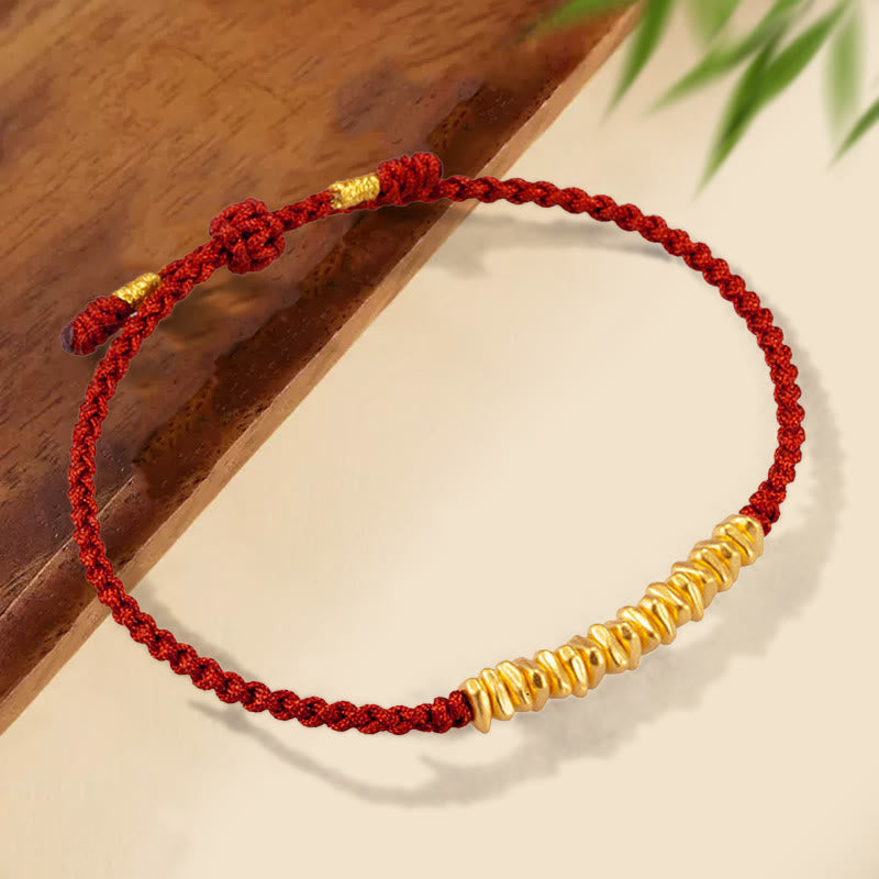 Buddha Stones 999 Gold Small Gold Pieces Design Handmade Protection Braided Rope Bracelet - Brown(Gold About 0.75g) - 21cm - image 0