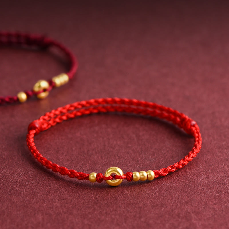 Buddha Stones 999 Gold Small Peace Buckle Design Handmade Luck Braided Rope Bracelet Anklet - Anklet(Circumference 18-30cm) - Red - image 0