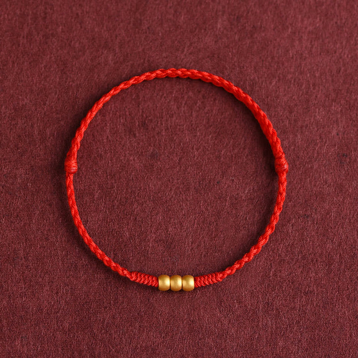 Buddha Stones 999 Gold Mini Three Beads Design Handmade Luck Rope Bracelet Anklet - Anklet(Circumference 18-30cm) - Red - image 0
