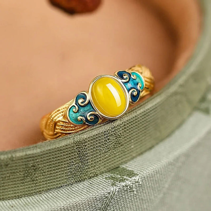 Buddha Stones Amber Copper Auspicious Clouds Focus Adjustable Ring - image 2