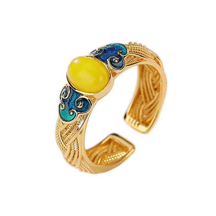 Buddha Stones Amber Copper Auspicious Clouds Focus Adjustable Ring - image 4