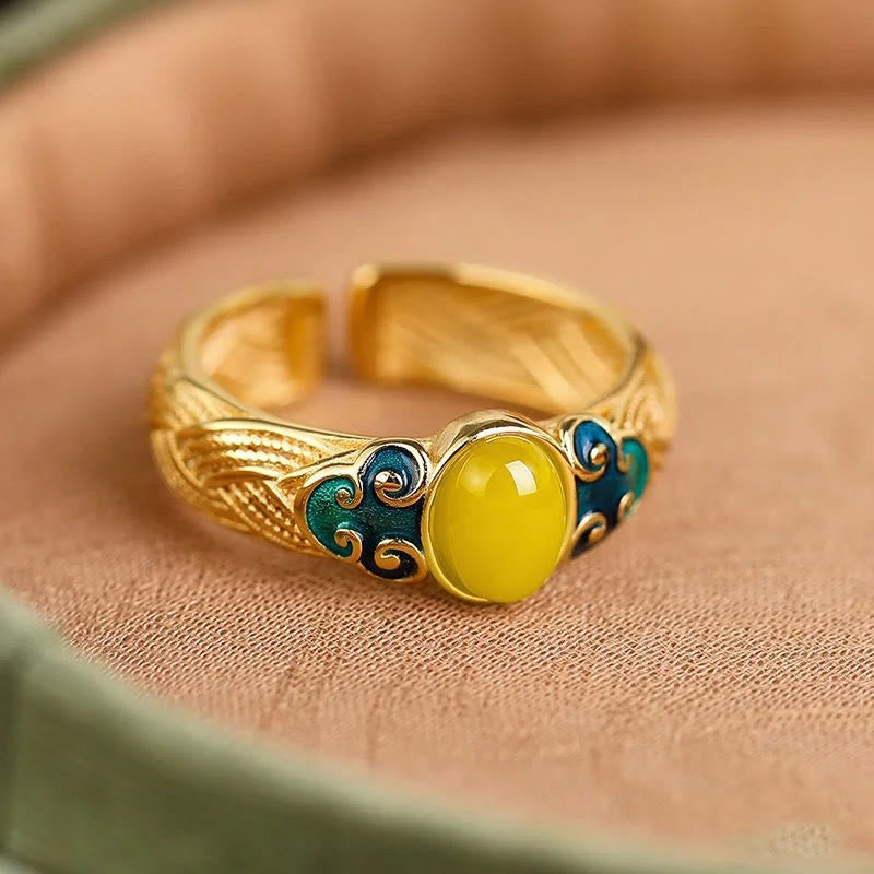 Buddha Stones Amber Copper Auspicious Clouds Focus Adjustable Ring - image 1