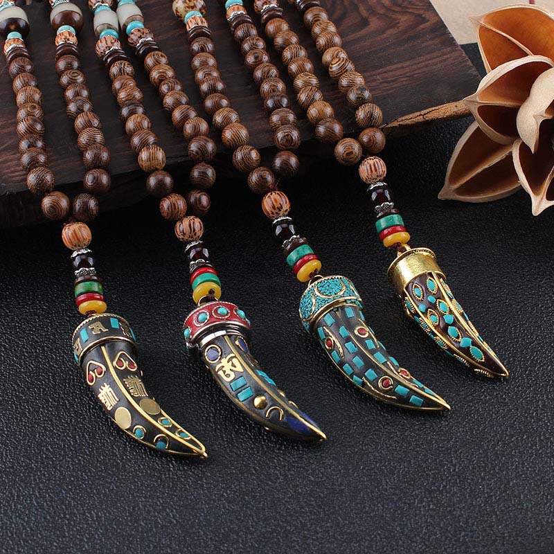 Buddha Stones Tibet Wenge Wood Om Mani Padme Hum OM Symbol Mantra Horn Pattern Protection Necklace Pendant - image 0
