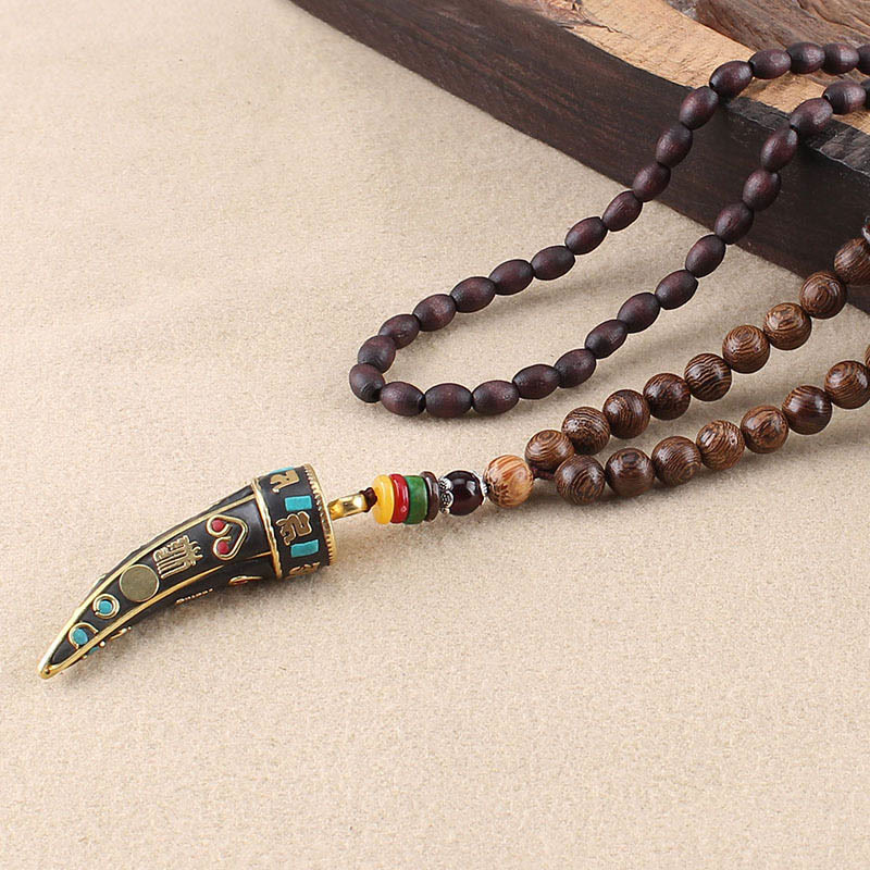 Buddha Stones Tibet Wenge Wood Om Mani Padme Hum OM Symbol Mantra Horn Pattern Protection Necklace Pendant - Wenge Wood&Om Mani Padme Hum - image 1