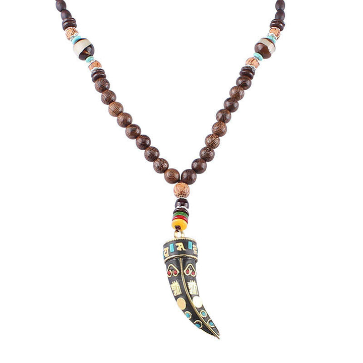 Buddha Stones Tibet Wenge Wood Om Mani Padme Hum OM Symbol Mantra Horn Pattern Protection Necklace Pendant - image 6