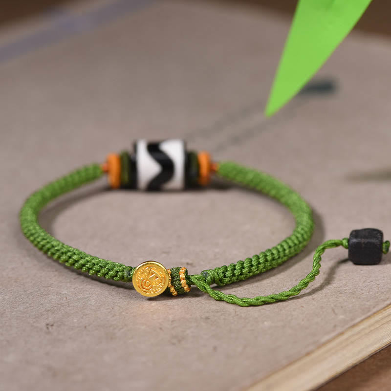 Buddha Stones Handmade Tibetan Dzi Bead Protection Braided Green Rope Bracelet - image 2