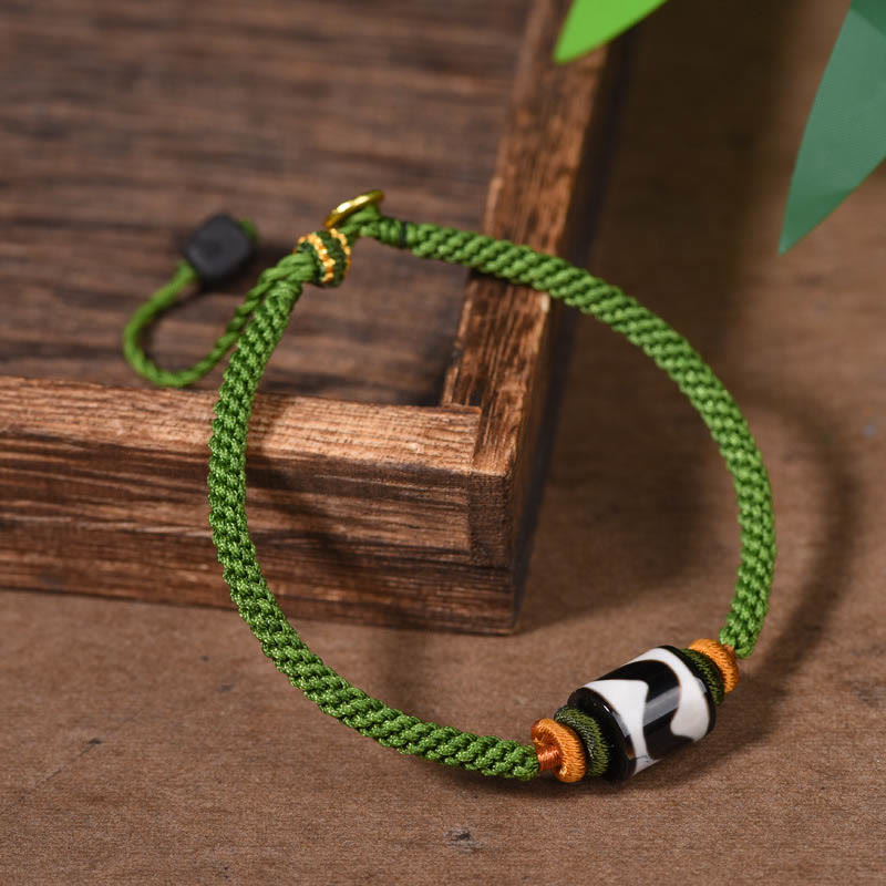 Buddha Stones Handmade Tibetan Dzi Bead Protection Braided Green Rope Bracelet - image 1
