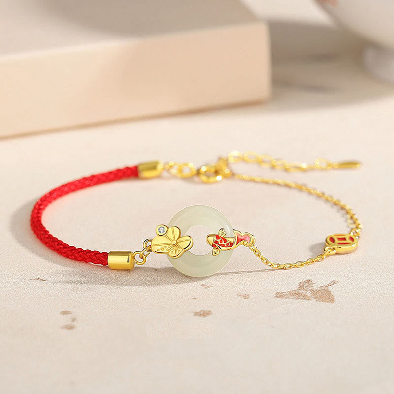 Buddha Stones Handmade 925 Sterling Silver Hetian Jade Chinese Goldfish Peace Buckle Red Rope Bracelet - Jade&Silver(Wrist Circumference: 14-17cm) - image 0