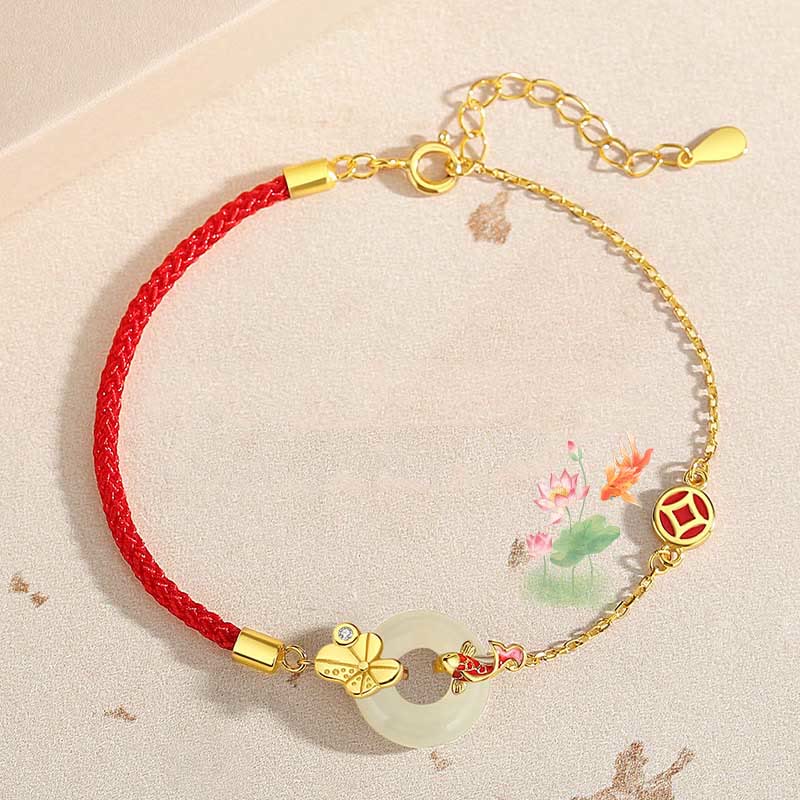 Buddha Stones Handmade 925 Sterling Silver Hetian Jade Chinese Goldfish Peace Buckle Red Rope Bracelet - image 1