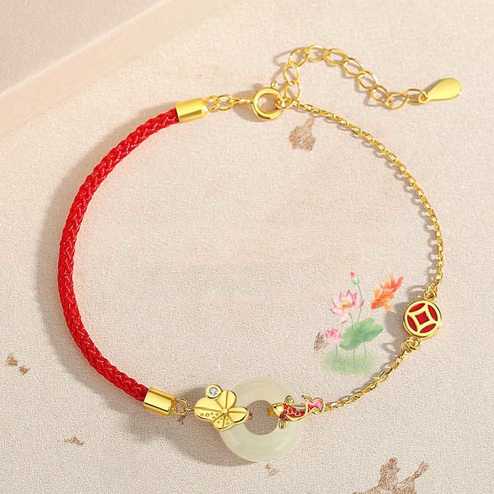 Buddha Stones Handmade 925 Sterling Silver Hetian Jade Chinese Goldfish Peace Buckle Red Rope Bracelet - image 1