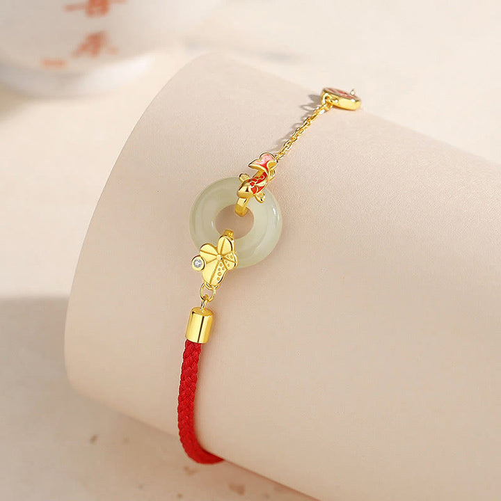 Buddha Stones Handmade 925 Sterling Silver Hetian Jade Chinese Goldfish Peace Buckle Red Rope Bracelet - image 2
