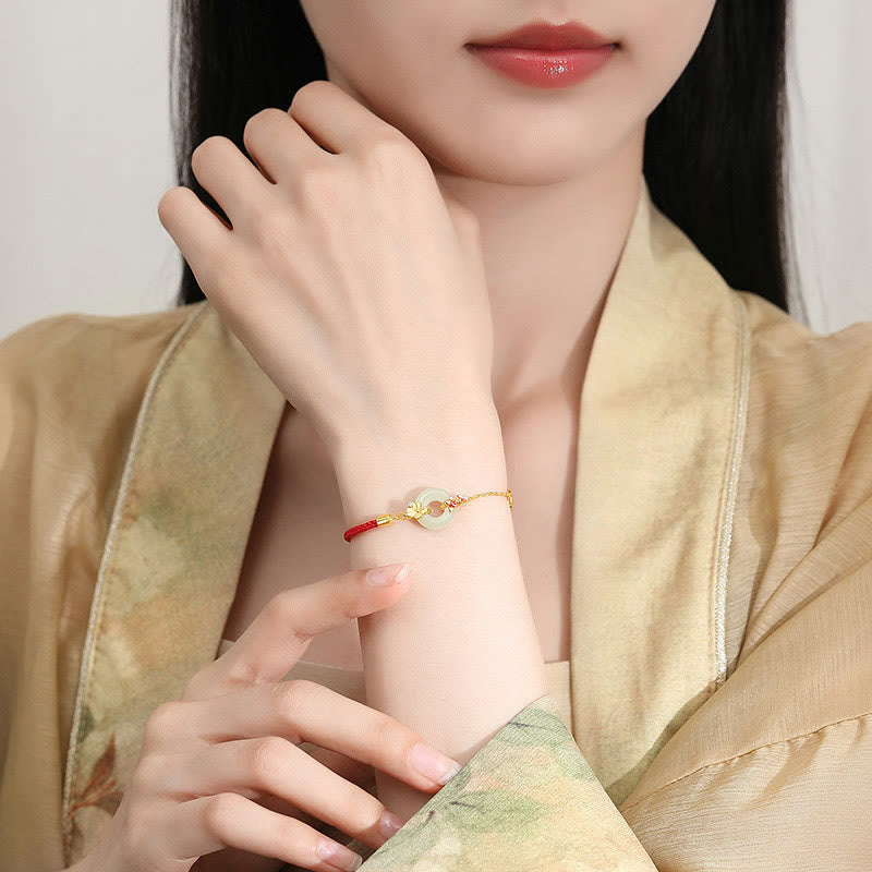 Buddha Stones Handmade 925 Sterling Silver Hetian Jade Chinese Goldfish Peace Buckle Red Rope Bracelet - image 3