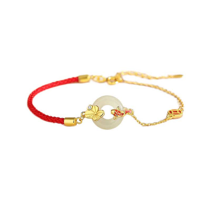 Buddha Stones Handmade 925 Sterling Silver Hetian Jade Chinese Goldfish Peace Buckle Red Rope Bracelet - image 13