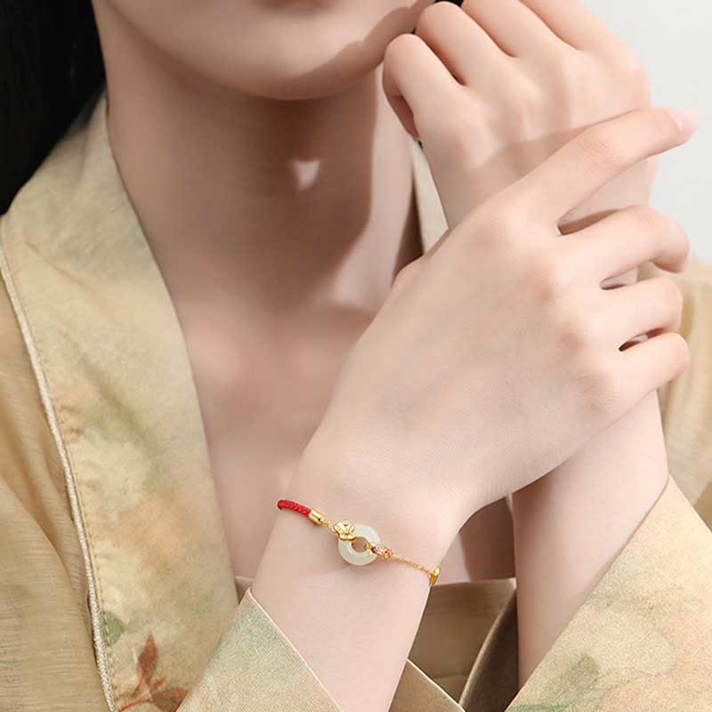 Buddha Stones Handmade 925 Sterling Silver Hetian Jade Chinese Goldfish Peace Buckle Red Rope Bracelet - image 4