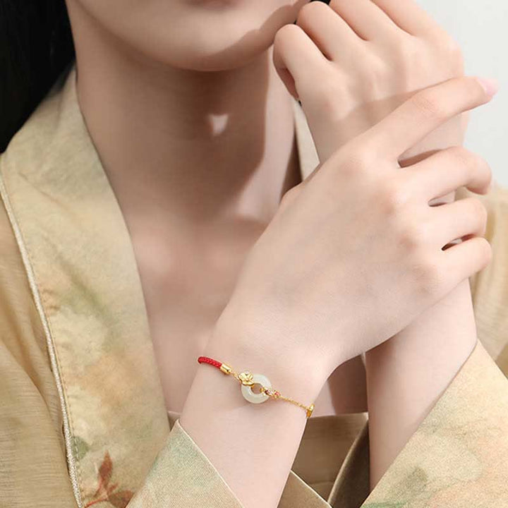 Buddha Stones Handmade 925 Sterling Silver Hetian Jade Chinese Goldfish Peace Buckle Red Rope Bracelet - image 4