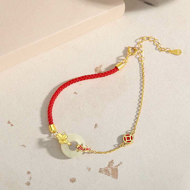 Buddha Stones Handmade 925 Sterling Silver Hetian Jade Chinese Goldfish Peace Buckle Red Rope Bracelet - image 12