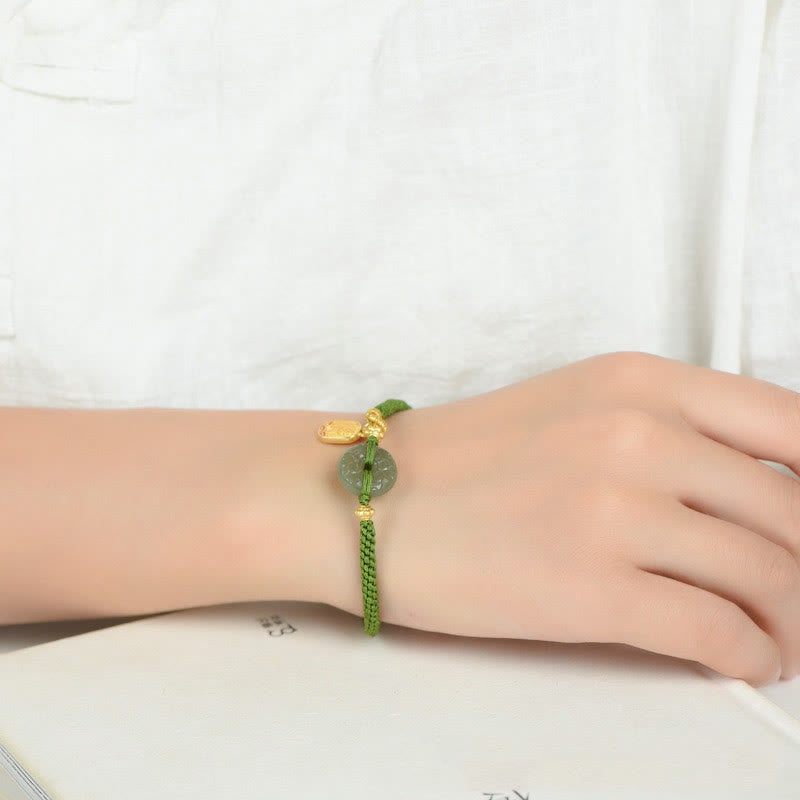 Buddha Stones Green Jade Peace Buckle Green Rope Bracelet - image 4