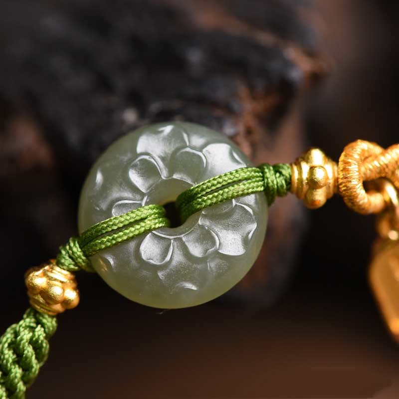 Buddha Stones Green Jade Peace Buckle Green Rope Bracelet - image 9