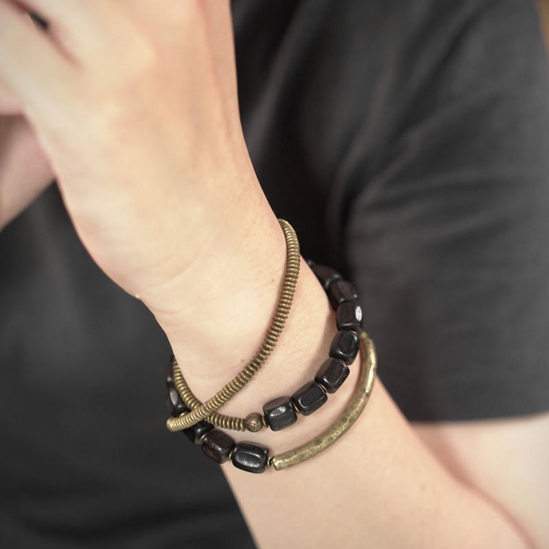 Buddha Stones Vintage Peace Tibetan Ebony Wood Beads Copper Multilayered Healing Bracelet - image 4
