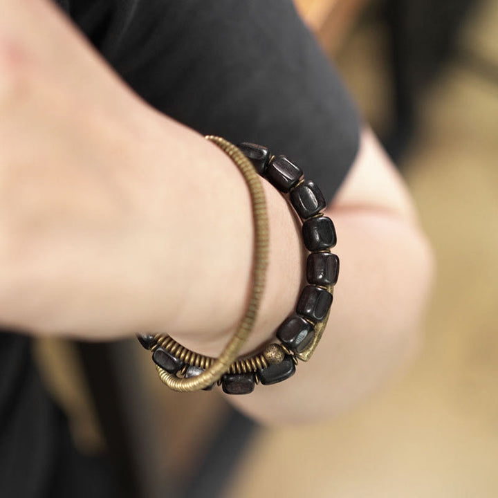 Buddha Stones Vintage Peace Tibetan Ebony Wood Beads Copper Multilayered Healing Bracelet - image 9