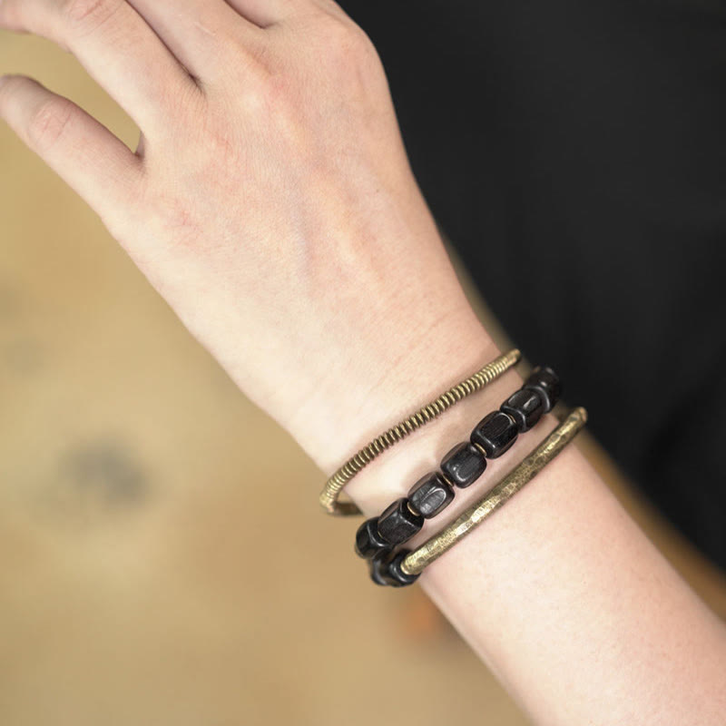 Buddha Stones Vintage Peace Tibetan Ebony Wood Beads Copper Multilayered Healing Bracelet - image 14