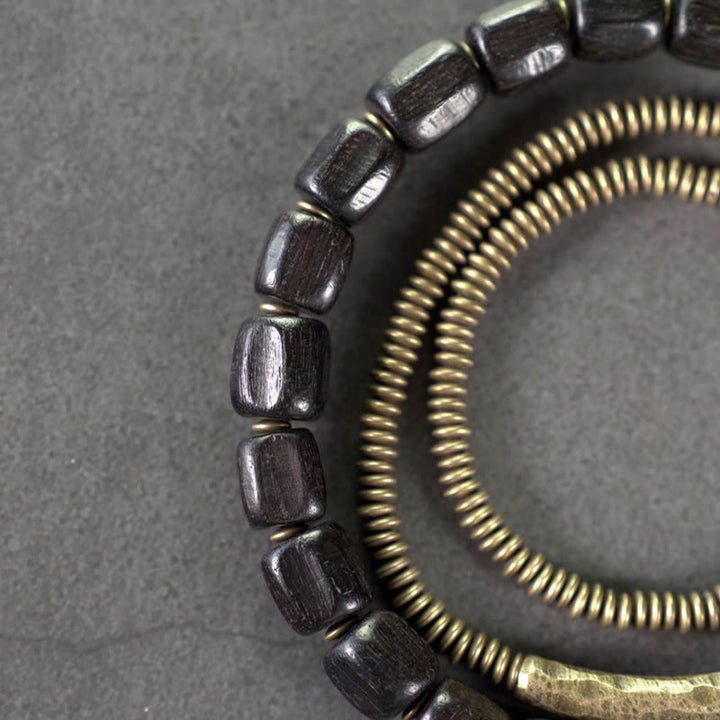 Buddha Stones Vintage Peace Tibetan Ebony Wood Beads Copper Multilayered Healing Bracelet - image 2