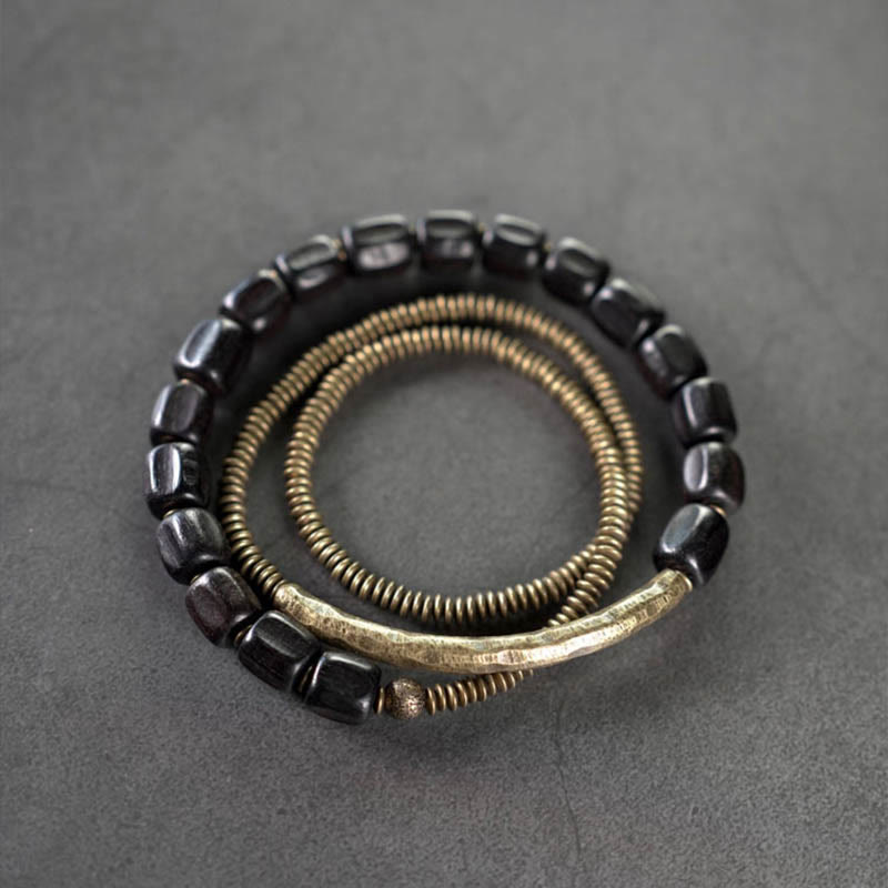Buddha Stones Vintage Peace Tibetan Ebony Wood Beads Copper Multilayered Healing Bracelet - 17-17.5cm - image 0