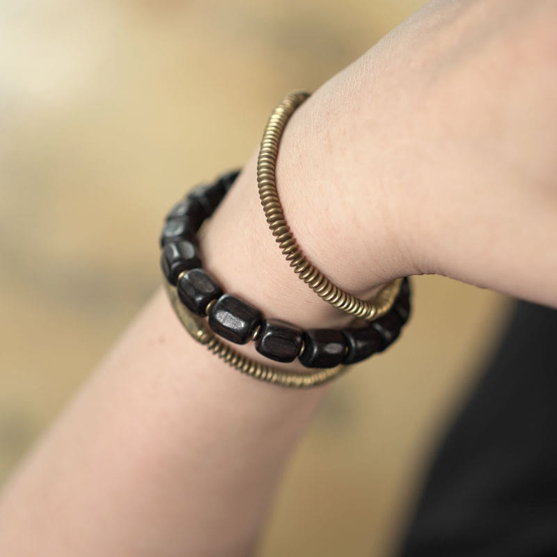 Buddha Stones Vintage Peace Tibetan Ebony Wood Beads Copper Multilayered Healing Bracelet - image 11