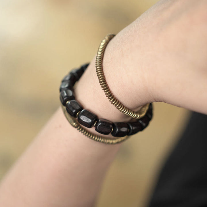 Buddha Stones Vintage Peace Tibetan Ebony Wood Beads Copper Multilayered Healing Bracelet - image 11