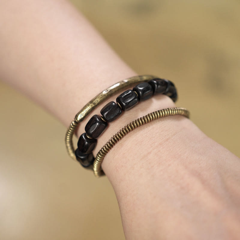 Buddha Stones Vintage Peace Tibetan Ebony Wood Beads Copper Multilayered Healing Bracelet - image 15