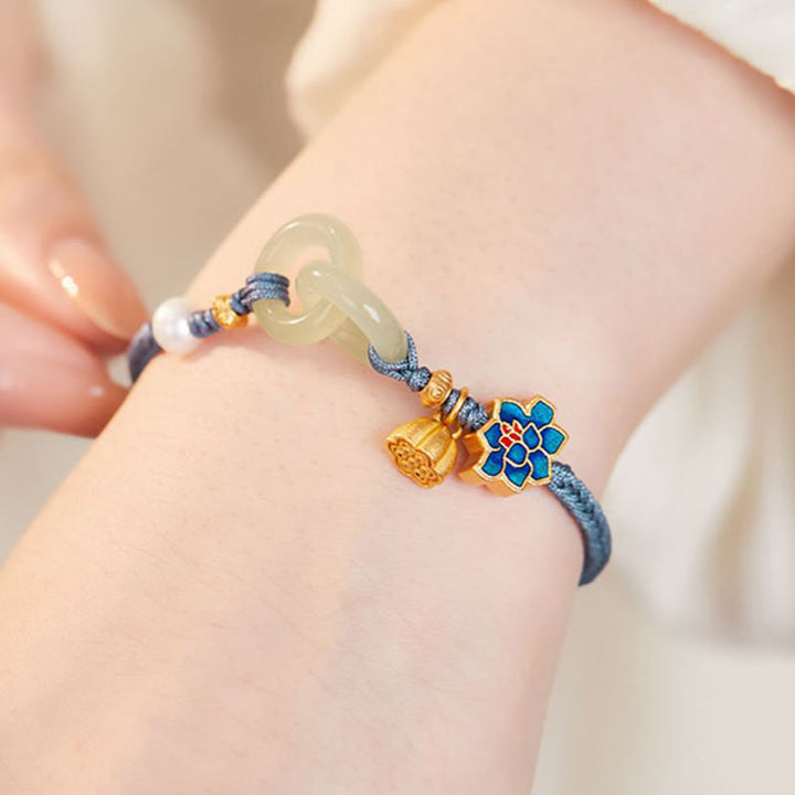 Buddha Stones Hetian Jade Lotus Peace Buckle Braided Rope Fortune Bracelet - image 16