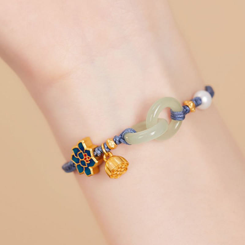 Buddha Stones Hetian Jade Lotus Peace Buckle Braided Rope Fortune Bracelet - image 17