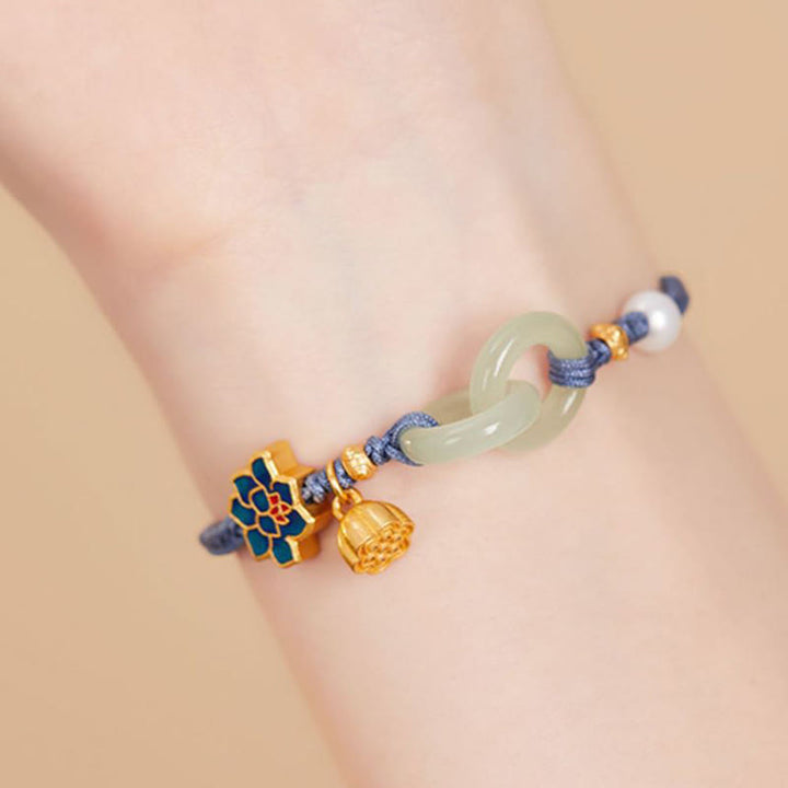 Buddha Stones Hetian Jade Lotus Peace Buckle Braided Rope Fortune Bracelet - image 17