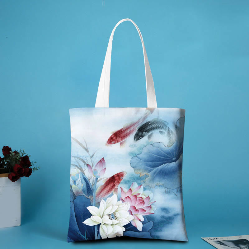 Buddha Stones Lotus Shape Canvas Shoulder Bag - Red and Black koi Fish - no zipper - image 3
