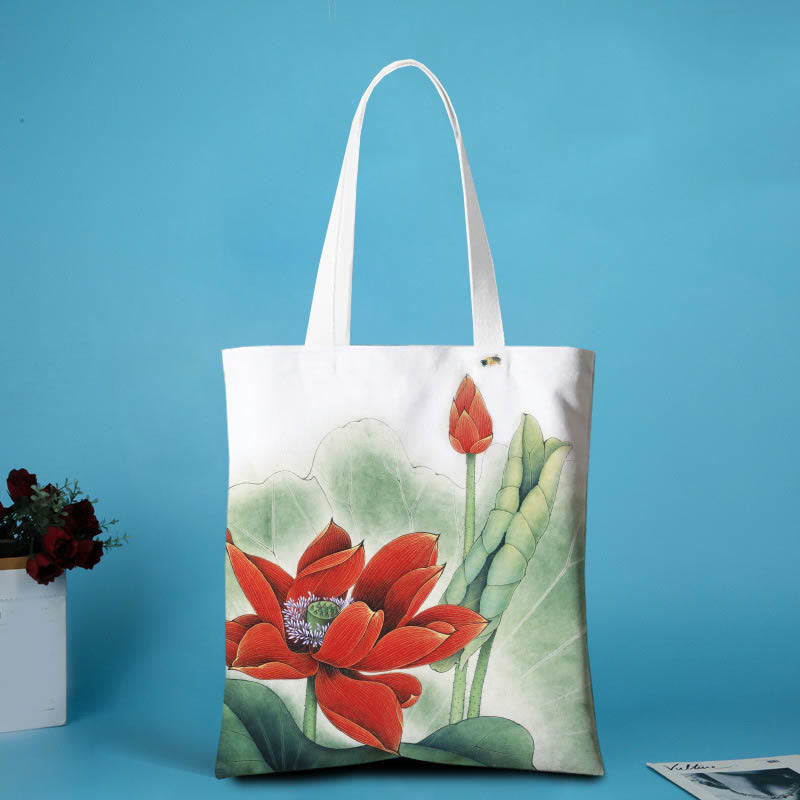 Buddha Stones Lotus Shape Canvas Shoulder Bag - Red Lotus - no zipper - image 7